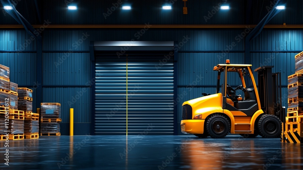 Industrial Warehouse Scene Featuring Yellow Forklift Next to Stacked Wooden Pallets and Rolling Door, Showcasing Modern Logistics and Storage Solutions Industrial Warehouse Scene Featuring Yellow Forklift Next to Stacked Wooden Pallets and Rolling Door, Showcasing Modern Logistics and Storage Solutions