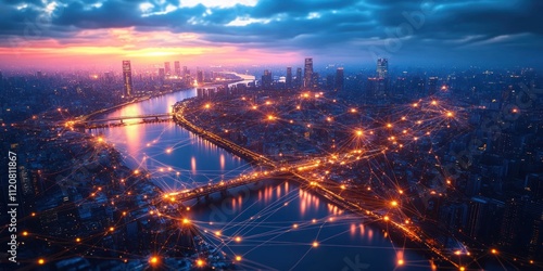 Smart City Night Lights with Connectivity and River Bridges in Cyberpunk Style