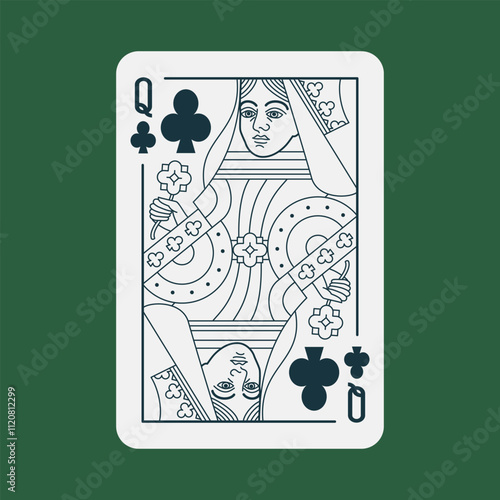 Queen of Clubs Poker playing card. Cartoon female figure and face. Casino gambling design element. Vector illustration with editable stroke line.