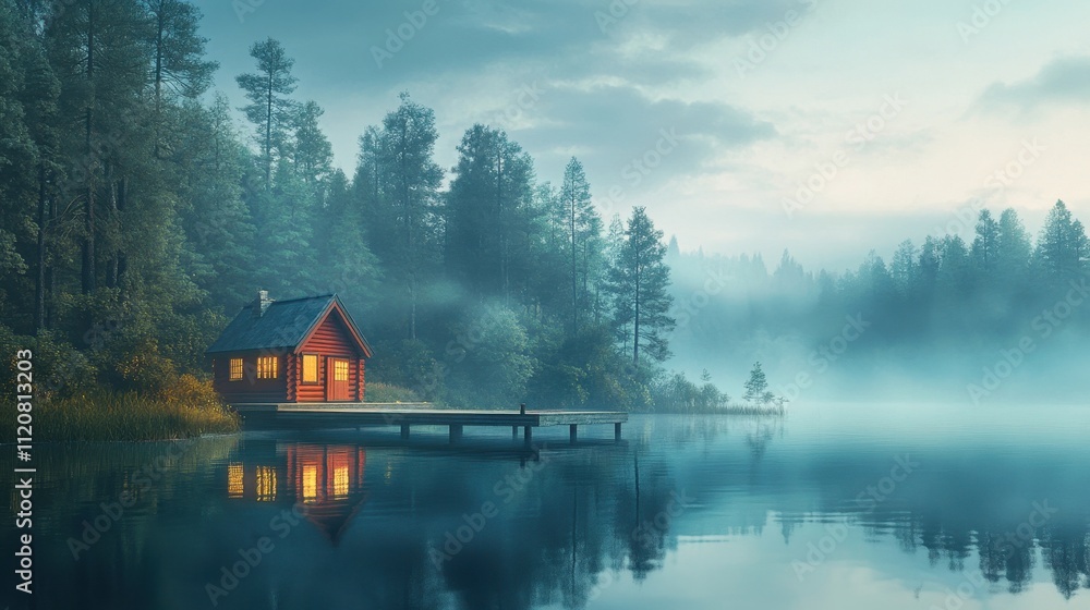 Obraz premium Tranquil forest lake with cabin reflection for nature inspiration art prints
