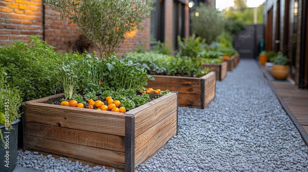 Obraz premium Vibrant Urban Garden with Raised Wooden Beds Filled with Fresh Vegetables and Herbs, Surrounded by Gravel Pathways and Natural Light