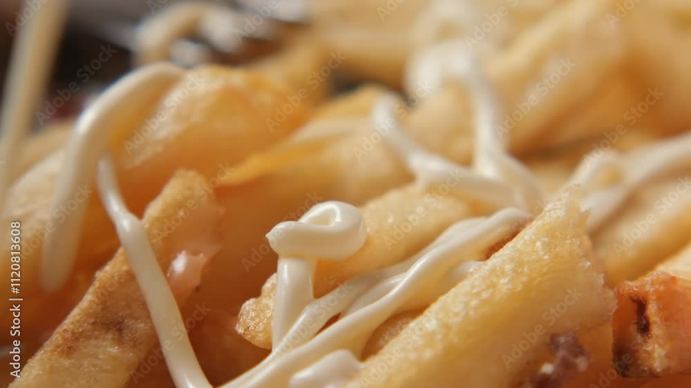 pouring Mayonnaise and French Fries served on a plate pouring Mayonnaise and French Fries served on a plate