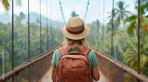 Adventurous traveler crossing a suspension bridge in tropical landscape surrounded by lush greenery and distant mountains under a bright blue sky