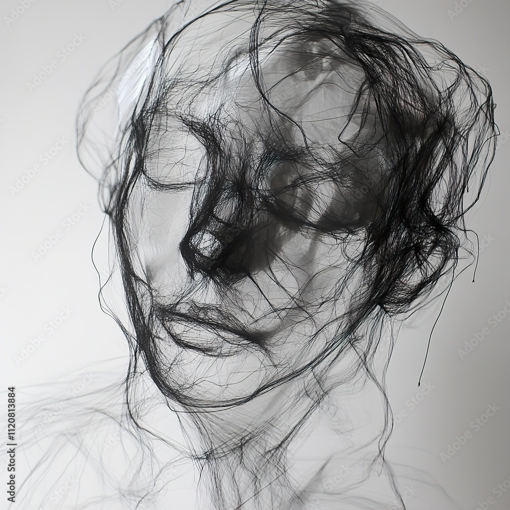 Intricate Thread Portrait: An Abstract Monochrome Face Sculpture Intricate Thread Portrait: An Abstract Monochrome Face Sculpture