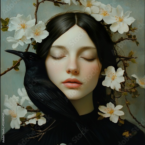 Serene Woman with Crow and Blossoms: A Dreamy Portrait photo