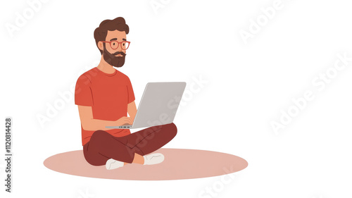 Relaxed Cartoon Character Student with Beard and Glasses, Red Shirt, Seated in Lotus Pose, Working on Laptop, Centered on cutout