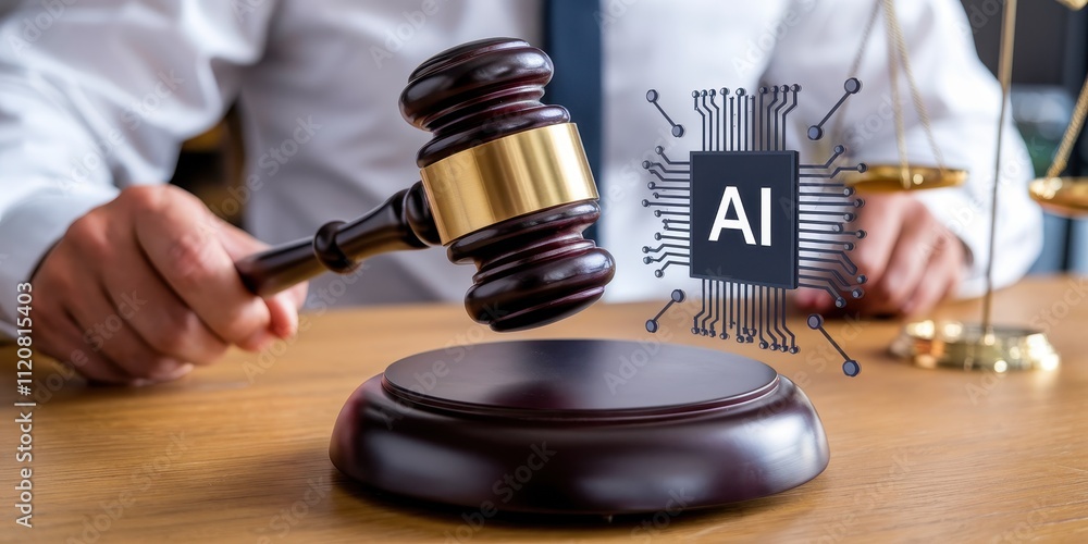 Gavel and AI Chip in Courtroom - Technology and Law Concept Gavel and AI Chip in Courtroom - Technology and Law Concept