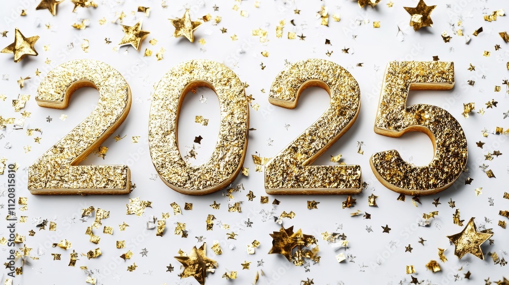Glittering Golden 2025 New Year Celebration Image with Confetti and Stars Glittering Golden 2025 New Year Celebration Image with Confetti and Stars