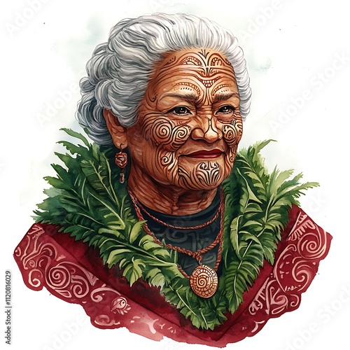 Portrait of an Elderly Maori Woman with Traditional Tā moko and Lei. photo