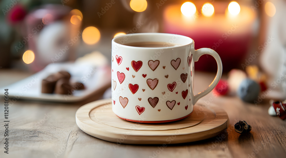Fototapeta premium A cozy mug decorated with hearts sits on a wooden coaster, surrounded by warm candlelight and treats, creating a romantic and inviting atmosphere.