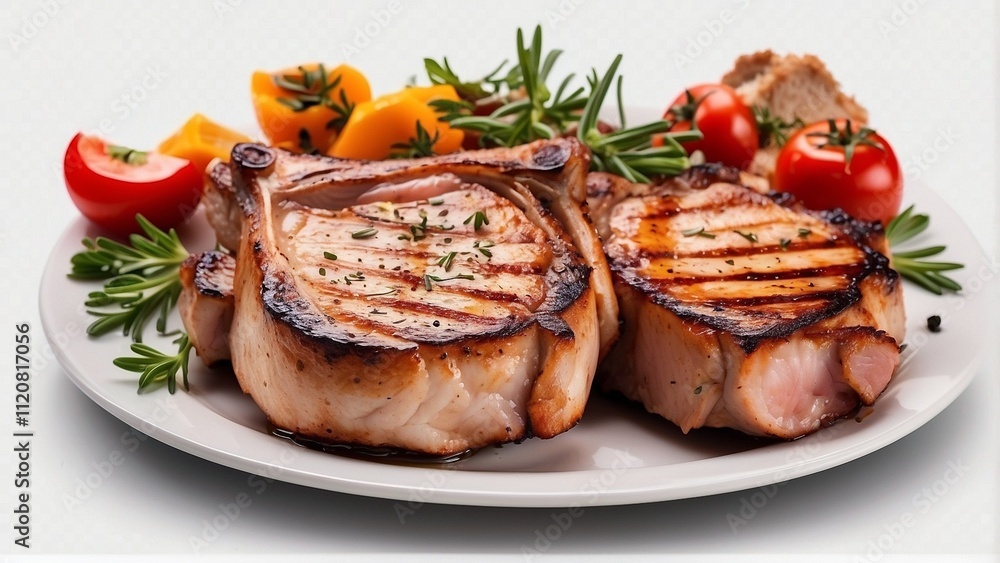 Steaks and grilled pork chops are isolated on a clear backdrop. Steaks and grilled pork chops are isolated on a clear backdrop.