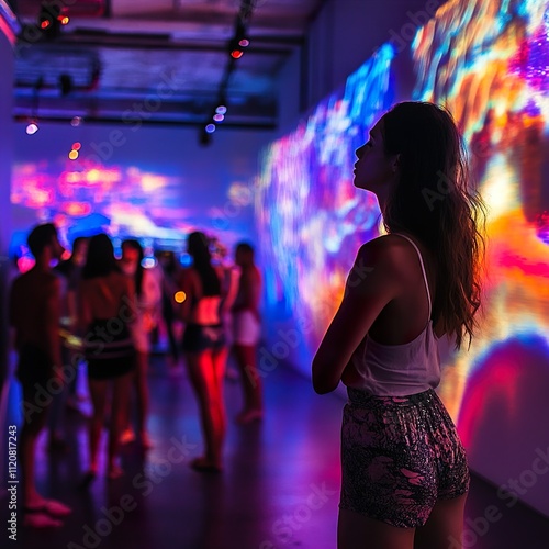 Woman in a Colorful Art Gallery at Night