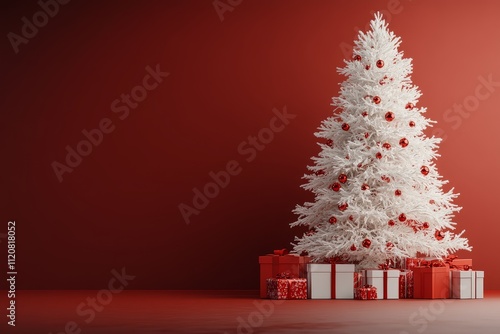 White Christmas tree with red tinsel and gifts in an empty room, against a red wall, 3D rendering. photo