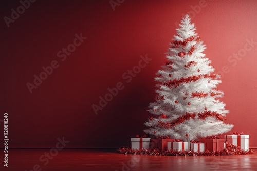 White Christmas tree with red tinsel and gifts in an empty room, against a red wall, 3D rendering. photo