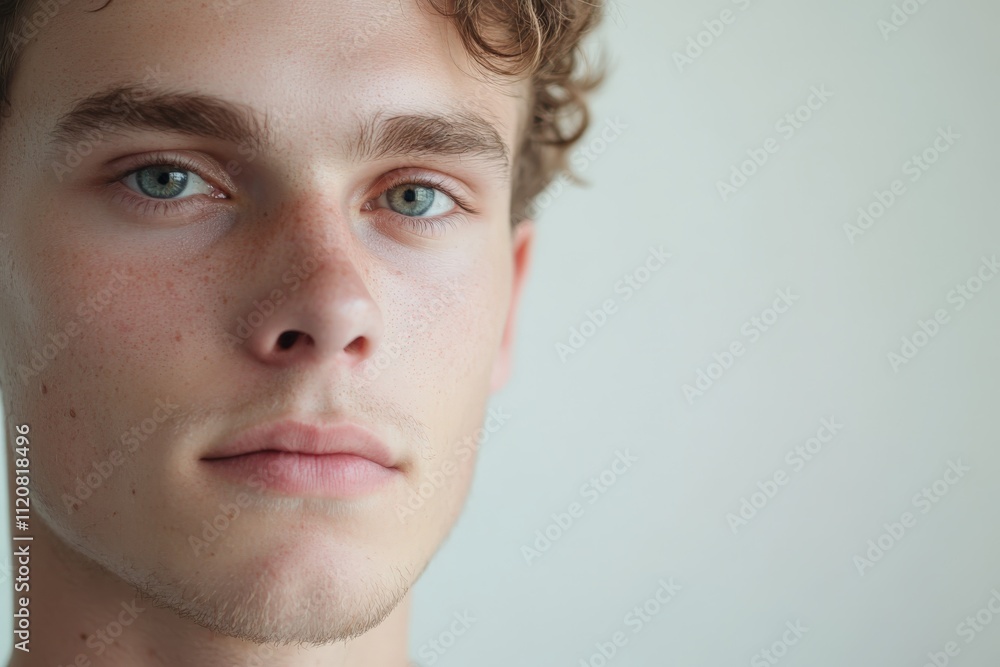 Fototapeta premium Close-Up Portrait of a Young Man with Curly Hair and Striking Blue Eyes