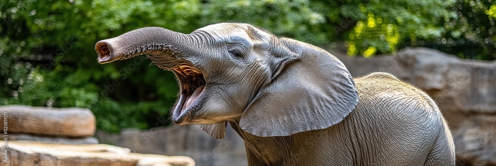 Young elephant yawning in a natural setting. Young elephant yawning in a natural setting.