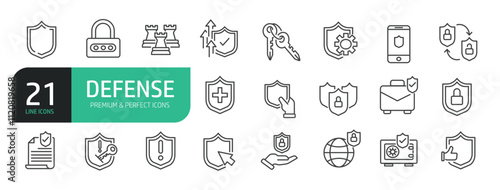 Set of Defense Line Icons. Contains icons as Security, Privacy, Shield, Protection, Coat of Arms.