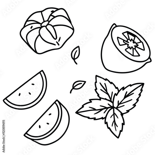 Falling slices of mozzarella tomatoes and basil silhouette vector isolated on white background.