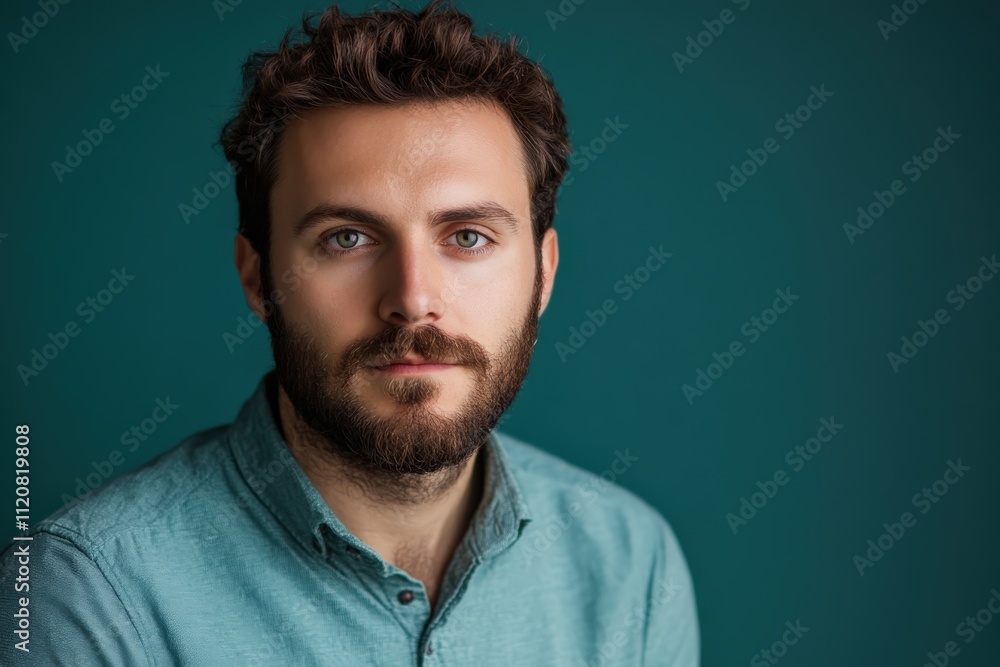 Portrait of a Thoughtful Young Man with Beard Against a Teal Background Portrait of a Thoughtful Young Man with Beard Against a Teal Background
