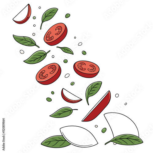 Falling slices of mozzarella tomatoes and basil isolated on white background.