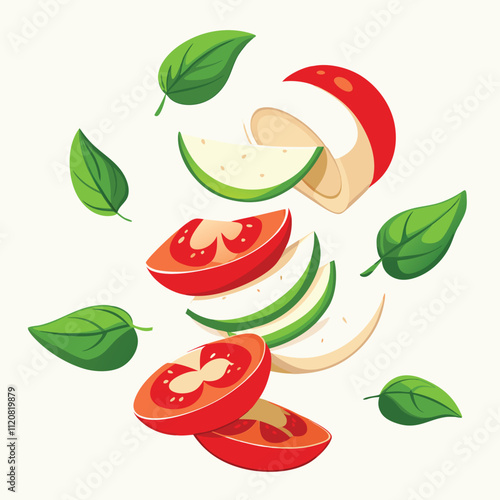 Falling slices of mozzarella tomatoes and basil isolated on white background.