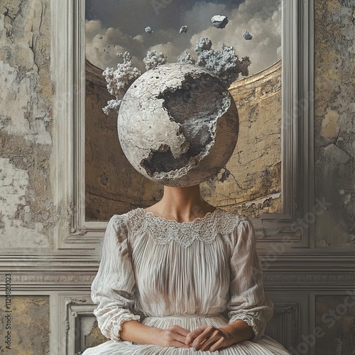 Surreal Woman with Cracked Stone Globe Head photo