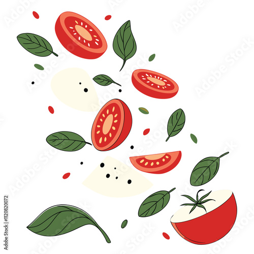Falling slices of mozzarella tomatoes and basil isolated on white background.