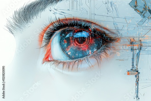 Futuristic digital art of an eye with circuit patterns, data streams, robotic arm, and technical elements, conveying artificial intelligence in sci-fi style. photo