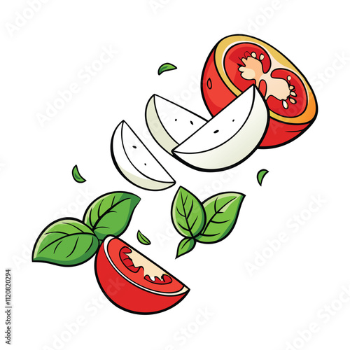 Falling slices of mozzarella tomatoes and basil isolated on white background.