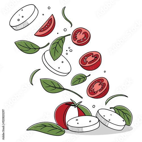 Falling slices of mozzarella tomatoes and basil isolated on white background.