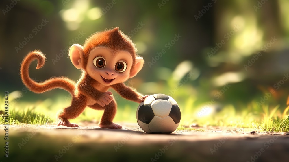 A playful monkey with a soccer ball in nature. A playful monkey with a soccer ball in nature.