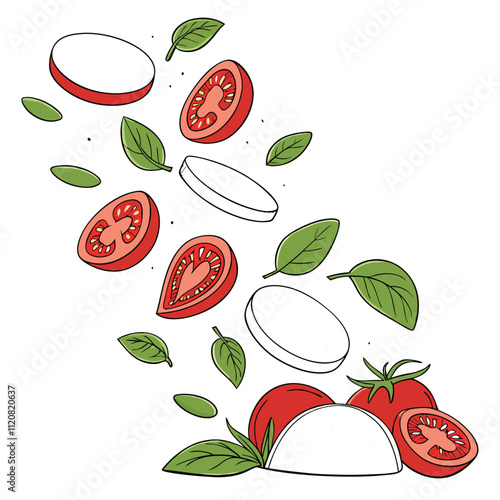 Falling slices of mozzarella tomatoes and basil isolated on white background.