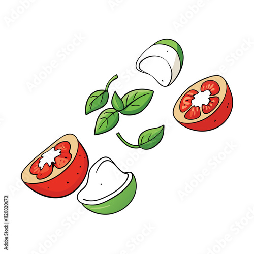 Falling slices of mozzarella tomatoes and basil isolated on white background.