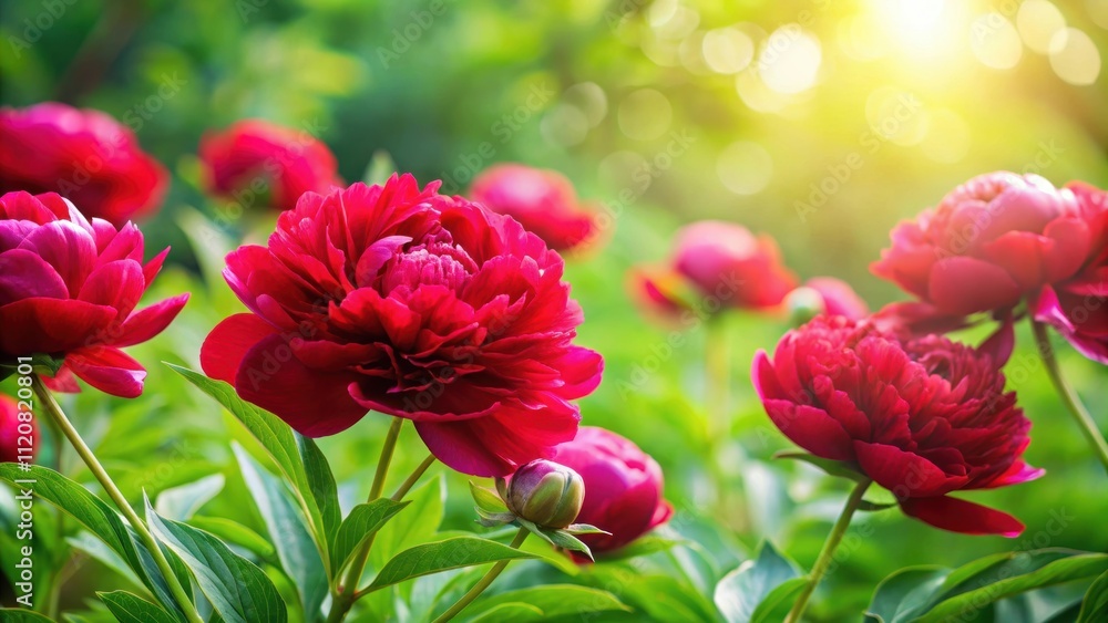 Red peony flowers blooming in a lush natural spring background, peony, red, flowers, blooming, nature, spring, background, garden Red peony flowers blooming in a lush natural spring background, peony, red, flowers, blooming, nature, spring, background, garden