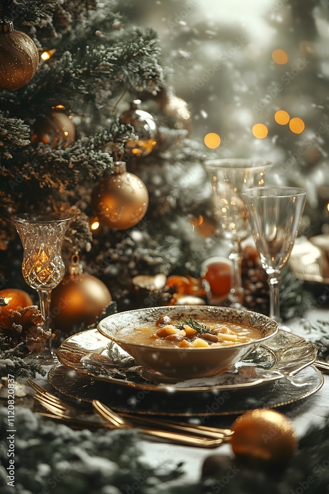 Mushroom soup in a beautiful bowl beautifully presented on the Christmas Eve table gives a warm and inviting feeling, perfect for promoting a festive atmosphere or advertising a special holiday meal. Mushroom soup in a beautiful bowl beautifully presented on the Christmas Eve table gives a warm and inviting feeling, perfect for promoting a festive atmosphere or advertising a special holiday meal.