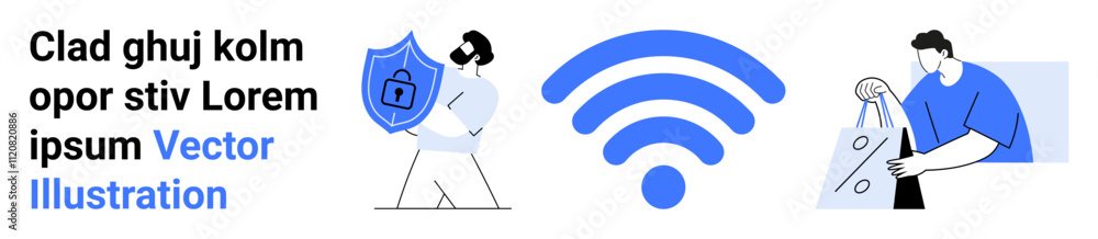 wireless symbol in center, person holding shield with lock on left, person carrying shopping bags on right. Ideal for cybersecurity, online shopping, wireless technology, internet safety, e-commerce wireless symbol in center, person holding shield with lock on left, person carrying shopping bags on right. Ideal for cybersecurity, online shopping, wireless technology, internet safety, e-commerce