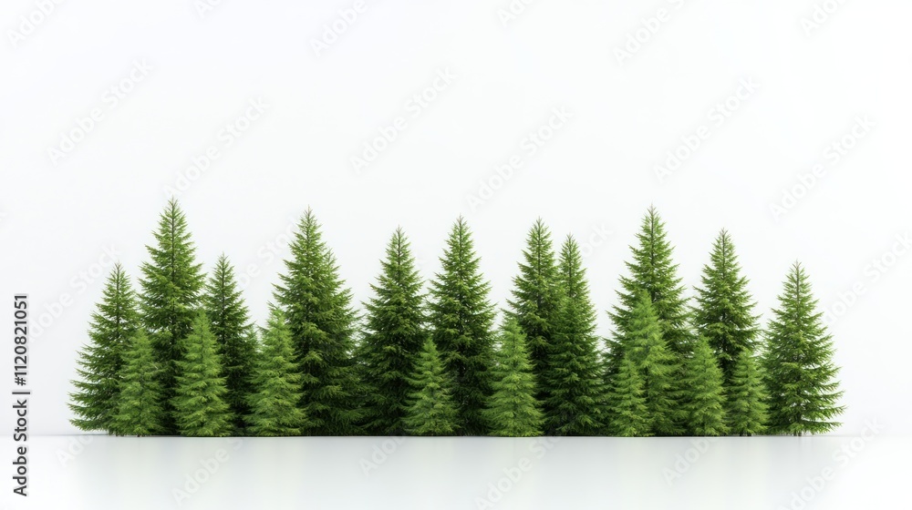 Fototapeta premium A row of green pine trees against a white background.