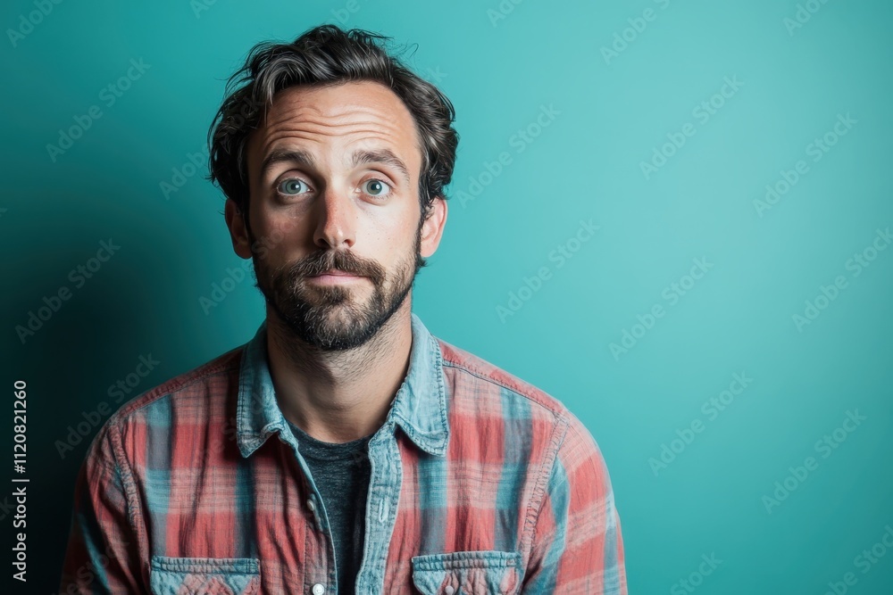 Fototapeta premium Casual Portrait of a Man with a Beard Against a Turquoise Background