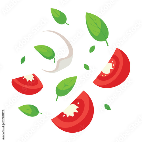 Falling slices of mozzarella tomatoes and basil isolated on white background.