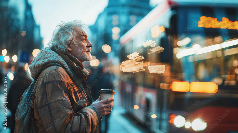 Urban scene featuring elderly man waiting for bus, holding coffee cup, with blurred bus in background, evoking sense of contemplation Urban scene featuring elderly man waiting for bus, holding coffee cup, with blurred bus in background, evoking sense of contemplation