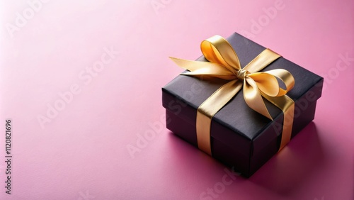 Black gift box on a pink background with gold ribbons, ideal for product promotions or special events, gift box