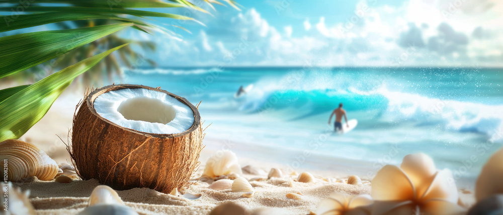 tropical beach scene featuring coconut on sandy shore, with waves crashing and surfers in background, evokes serene atmosphere tropical beach scene featuring coconut on sandy shore, with waves crashing and surfers in background, evokes serene atmosphere