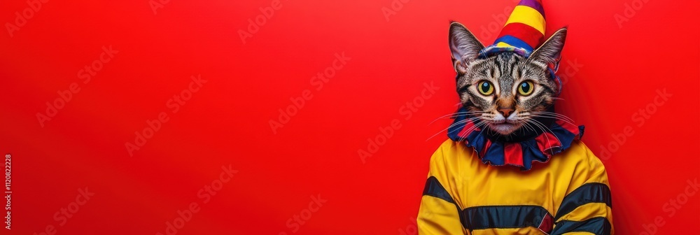 Obraz premium Cat dressed as a clown against a red background.