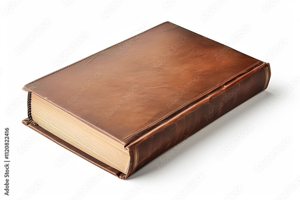 Elegant leather-bound book resting on a white surface, showcasing craftsmanship and timeless design elements. Generative AI Elegant leather-bound book resting on a white surface, showcasing craftsmanship and timeless design elements. Generative AI