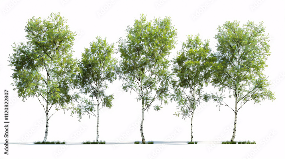 Silver Birch and Fraxinus Lanuginosa Trees: Isolated on a white background, suitable for architecture. Silver Birch and Fraxinus Lanuginosa Trees: Isolated on a white background, suitable for architecture.