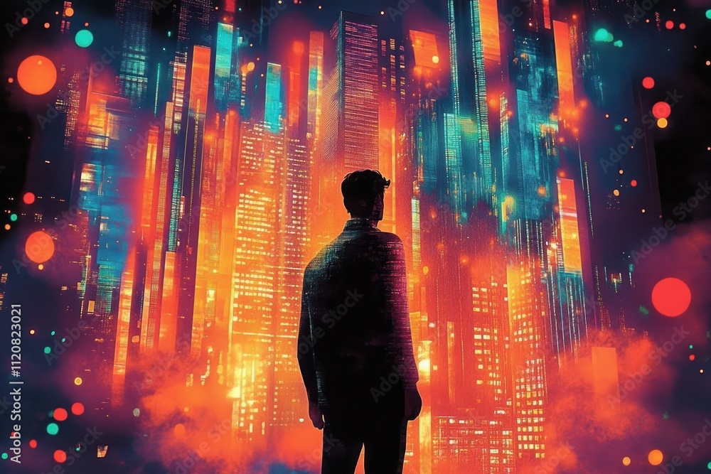 Futuristic Cityscape Businessman Analyzing Economic Data at Dusk Silhouette with Neon Colors and Geometric Shapes Futuristic Cityscape Businessman Analyzing Economic Data at Dusk Silhouette with Neon Colors and Geometric Shapes