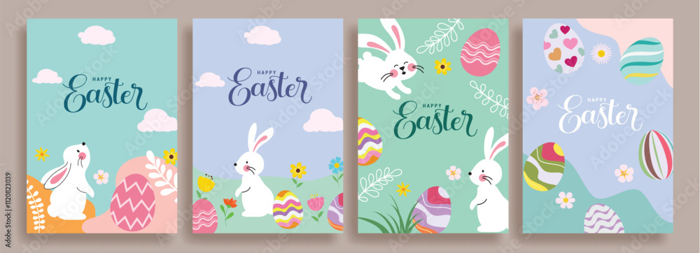 Happy easter wishes clip art poster background set. Easter sunday clip art collection with bunny, eggs and flowers decoration in colorful abstract design. Vector illustration holiday greeting card set Happy easter wishes clip art poster background set. Easter sunday clip art collection with bunny, eggs and flowers decoration in colorful abstract design. Vector illustration holiday greeting card set