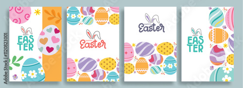 Happy easter clipart poster background. Happy easter sunday wishes clip art set with colorful abstract drawing eggs decoration elements for egg hunt celebration. Vector illustration season greeting 