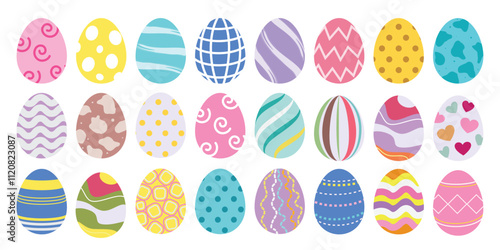 Easter eggs drawing clip art set. Easter egg flat collection clipart in pastel, colorful and multicolored graphic elements. Vector illustration holiday hunting decoration. 
