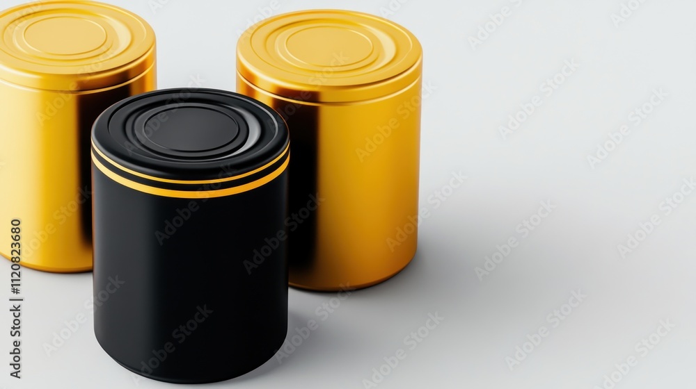 Three cylindrical containers in black and gold colors. Three cylindrical containers in black and gold colors.